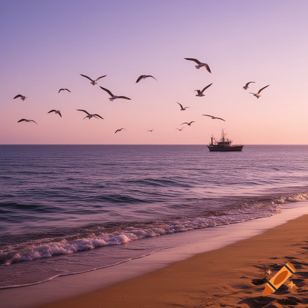 Photorealistic seascape at sunset with seagulls flying over the ocean and a boat in the distance, gentle waves on the shore.
