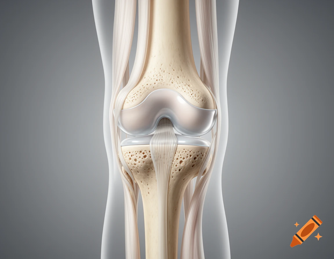 Detailed 3D anatomical illustration of a human knee joint, showing bones, cartilage, and ligaments.
