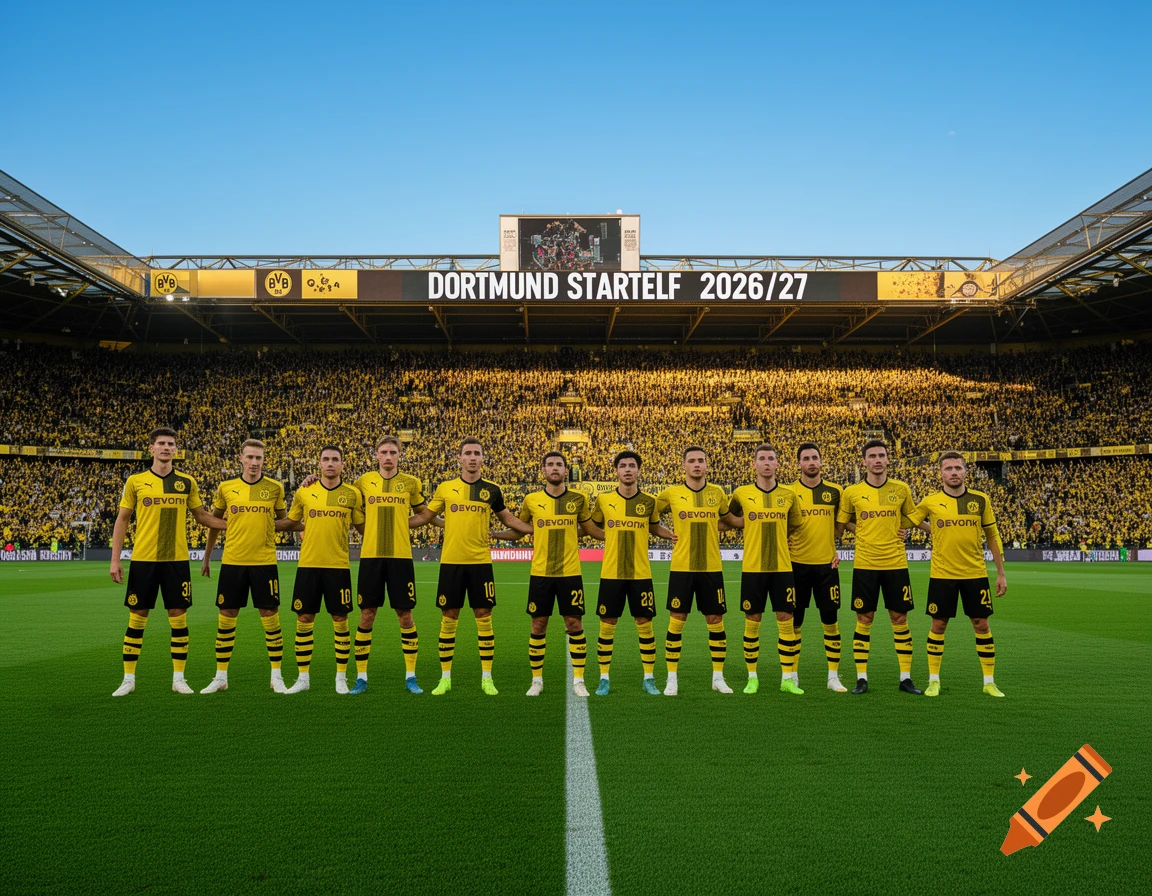 Photorealistic image of a soccer team in yellow jerseys standing on a green field in a stadium with a scoreboard reading 'DORTMUND STARTELF 2026/27'.