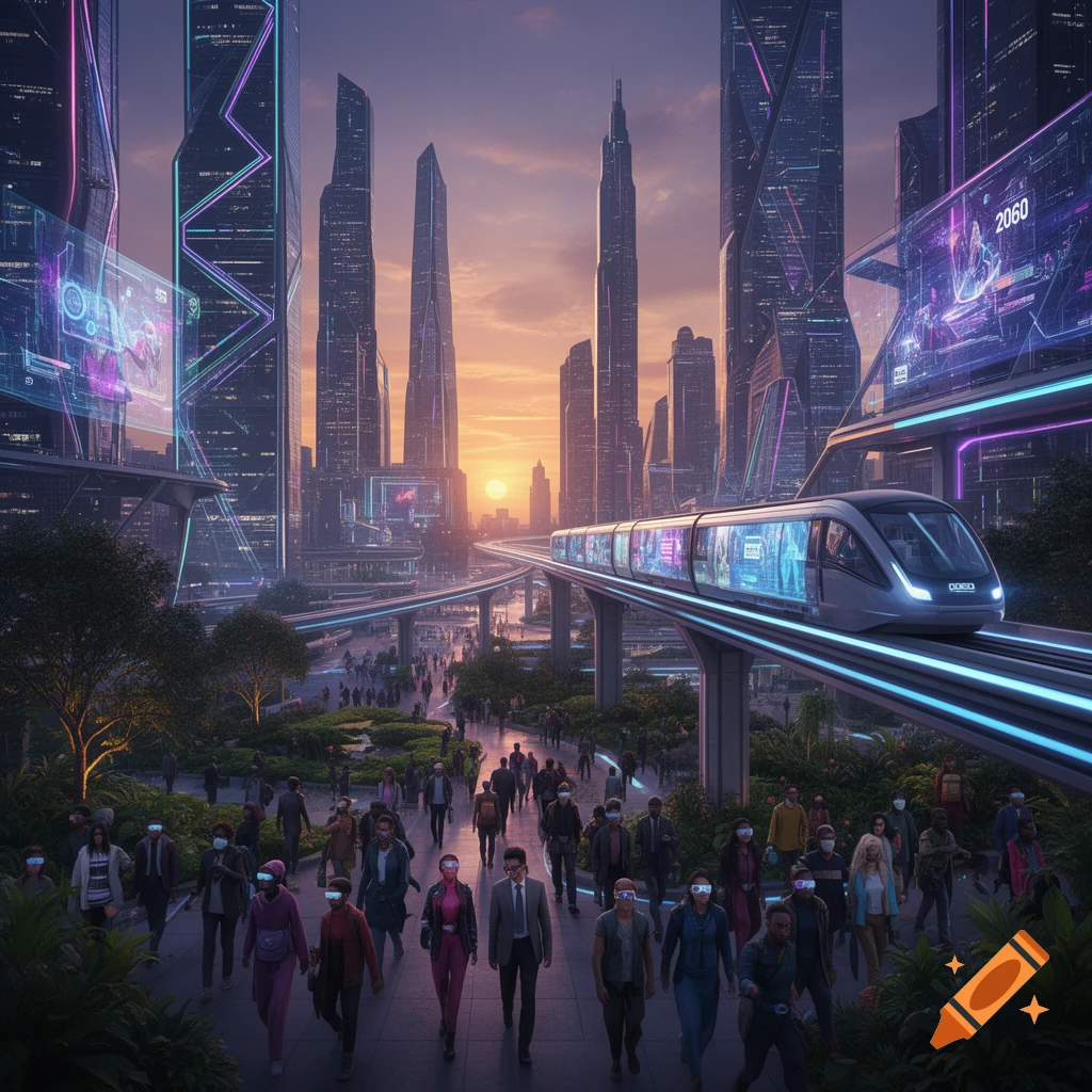 A futuristic city at sunset with towering skyscrapers, a monorail, and a busy street of people wearing VR headsets.