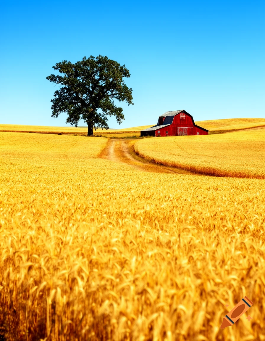 A lone tree stands in a golden wheat field with a red barn in the background under a clear blue sky.