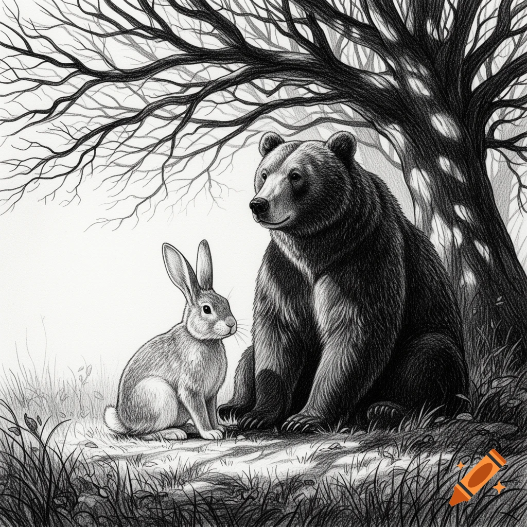 Black and white pencil drawing of a bear and a rabbit sitting under a bare tree.