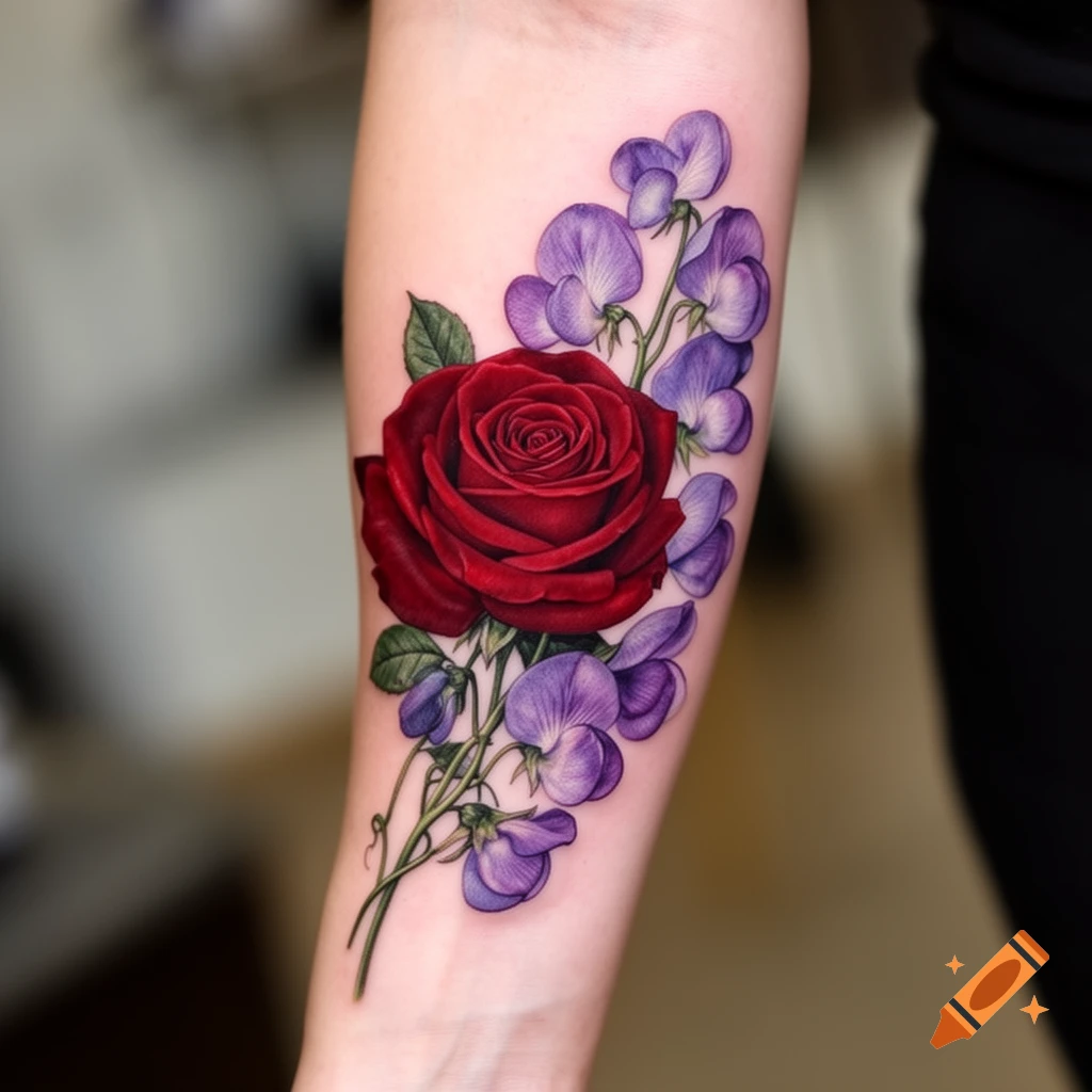 A colorful tattoo on an arm featuring a vibrant red rose and delicate purple sweet pea flowers, rendered in a realistic style.