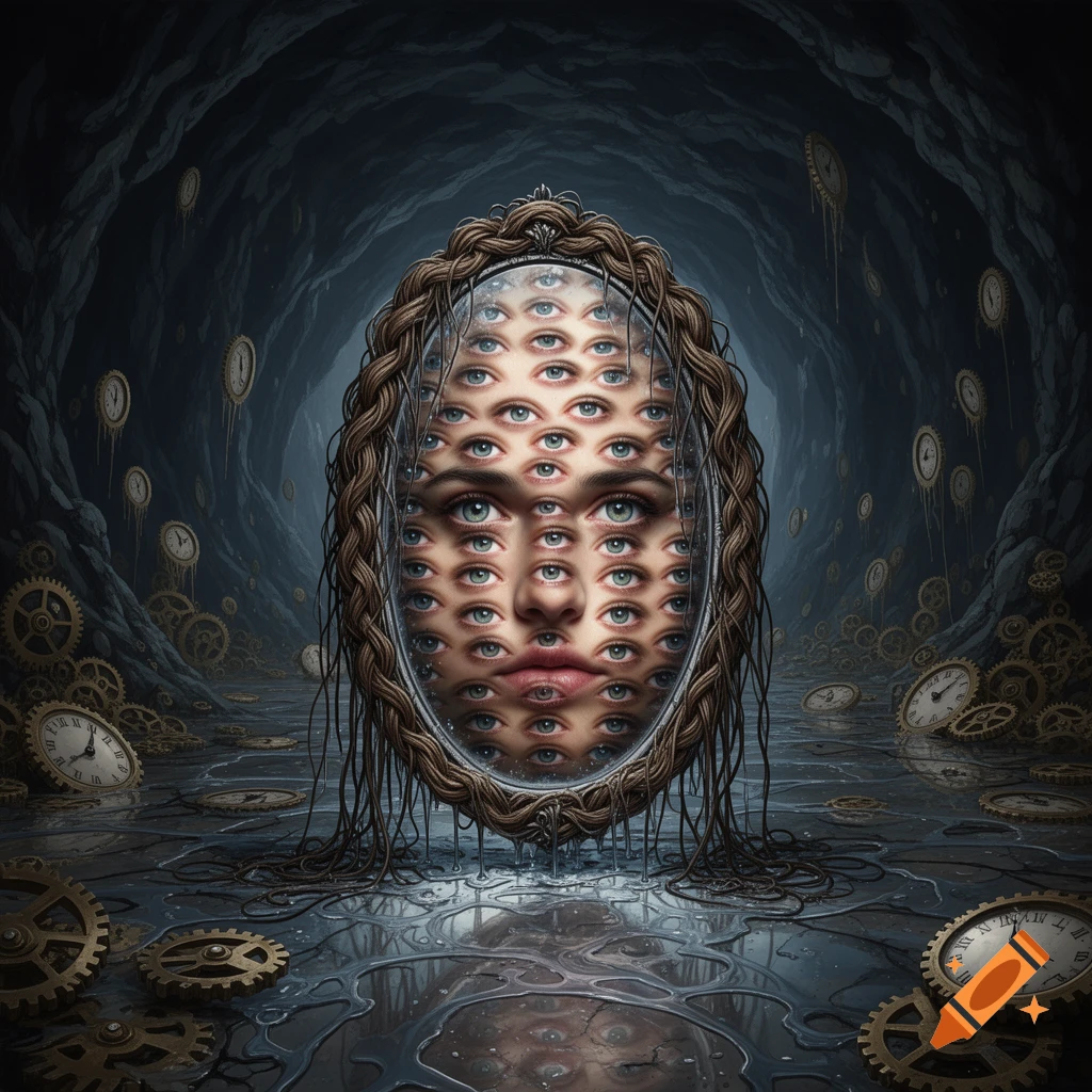 A surreal mirror reflects a face made of many human eyes, framed by braided hair, in a dark cave with melting clock gears.