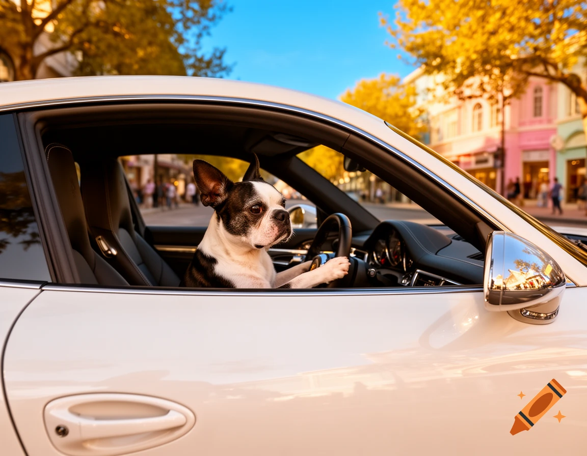 A photorealistic Boston Terrier dog behind the wheel of a white Porsche, driving down a sunny city street.