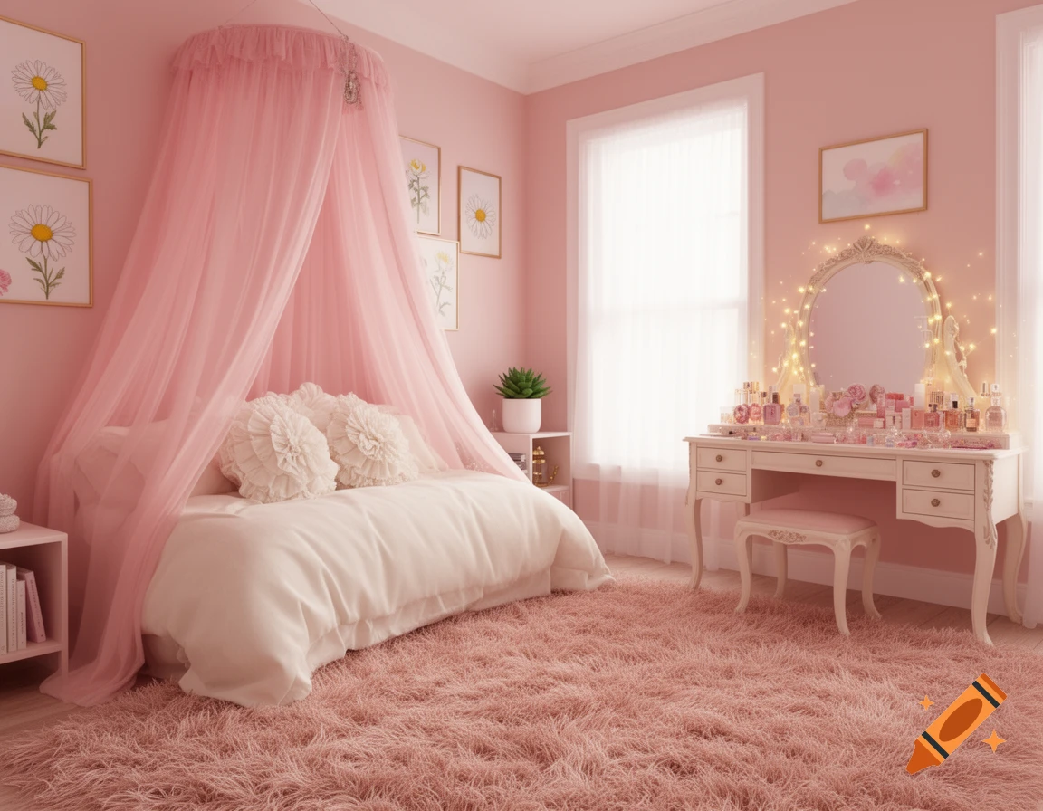 A soft pink bedroom featuring a canopy bed, a fluffy pink rug, and a white vanity table adorned with bottles and lights.
