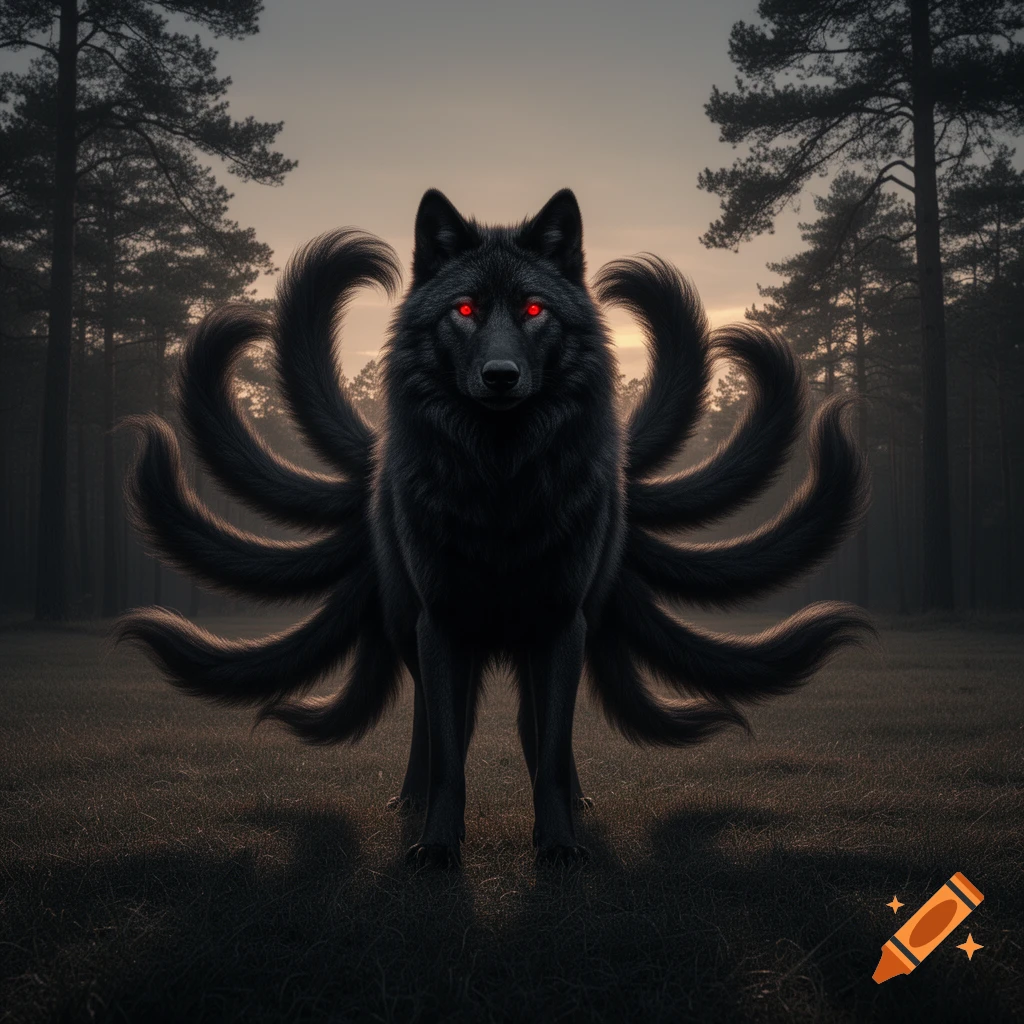 A photorealistic black wolf with nine bushy tails and glowing red eyes stands in a dark forest at dusk.