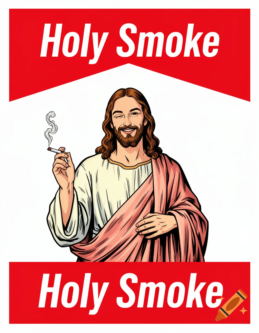 Pop art illustration of a winking Jesus holding a smoking cigarette, framed by red banners with 'Holy Smoke' text.