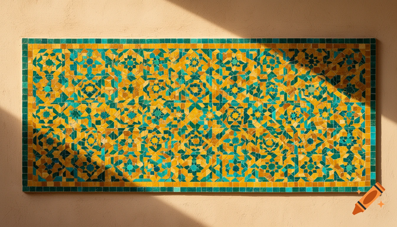 A long rectangular mosaic of geometric yellow, ochre, teal green, and turquoise tiles on a textured wall with sunlight and shadow.