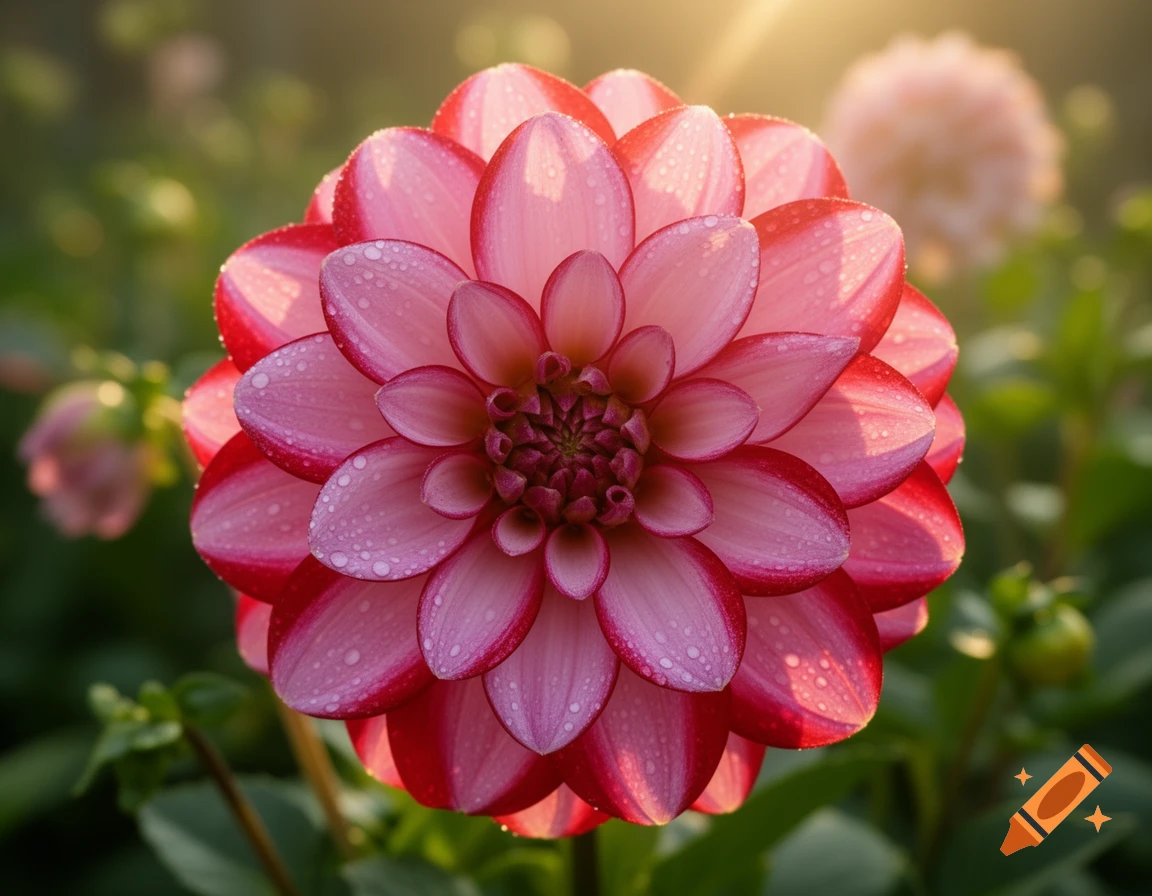 A vibrant pink dahlia flower with red-tipped petals and dew drops, illuminated by warm sunlight in a garden.