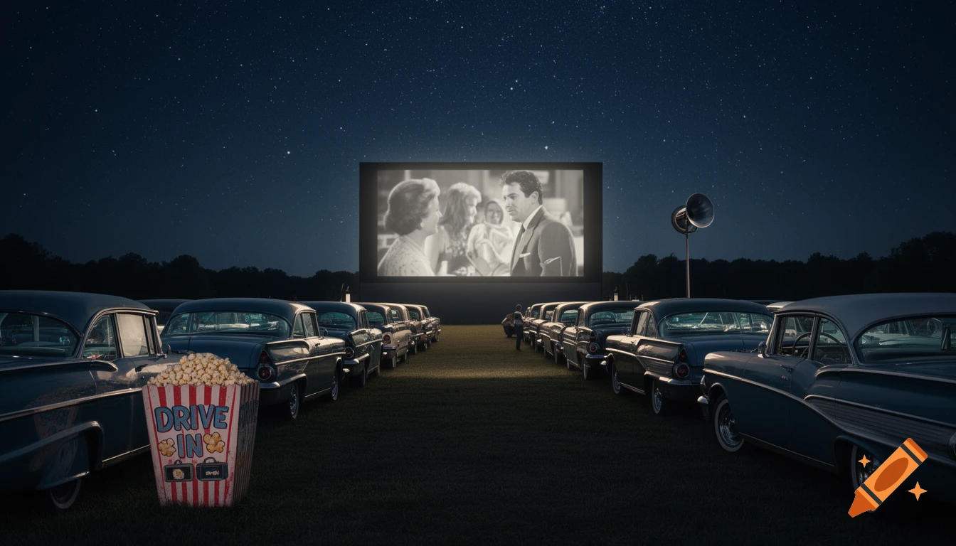 A nighttime drive-in movie theater with rows of vintage cars watching a film on a large screen under a starry sky, a popcorn bucket in the foreground.