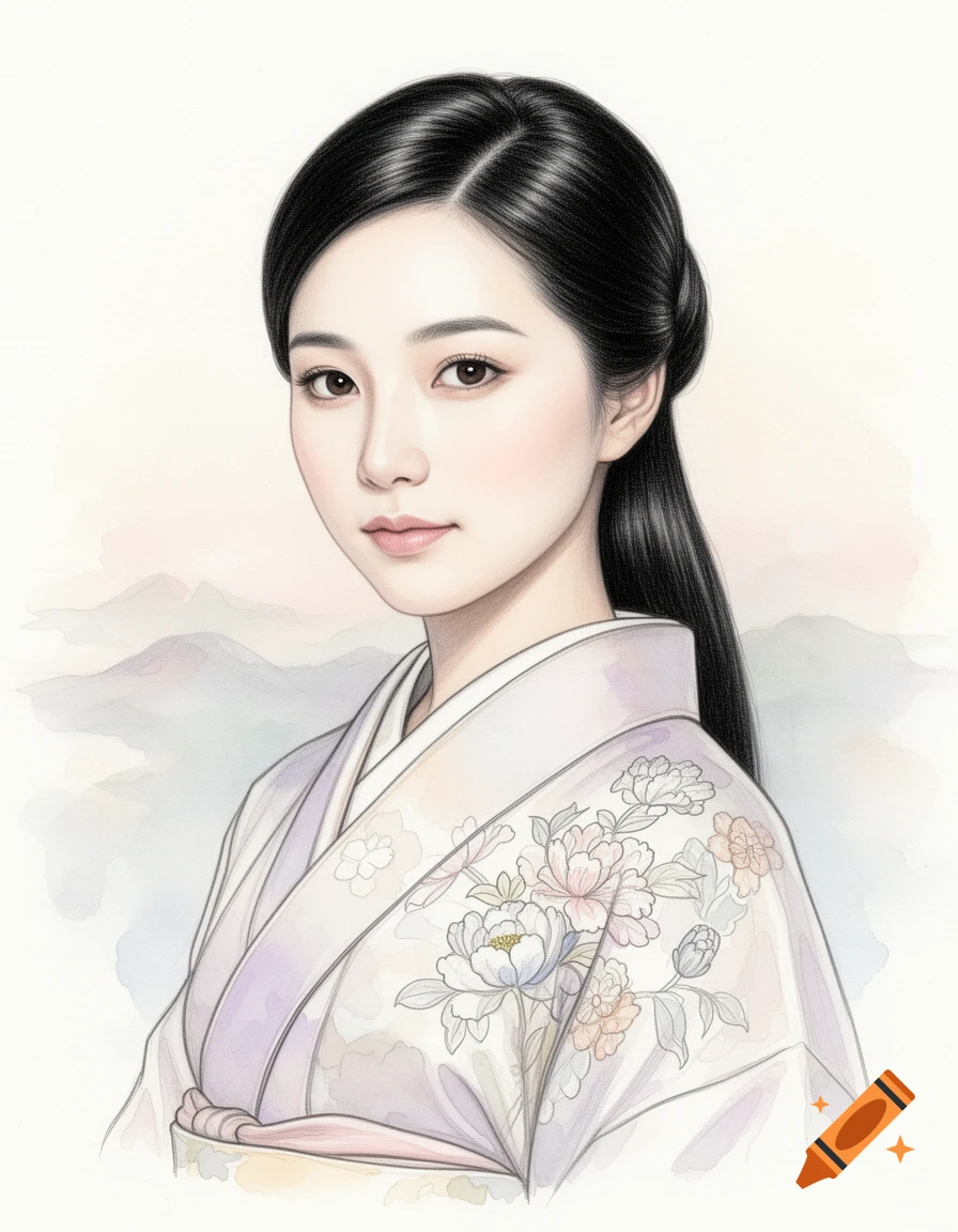A delicate watercolor style illustration of an East Asian woman with dark hair, wearing a traditional white and lavender floral robe, against a soft mountain background.