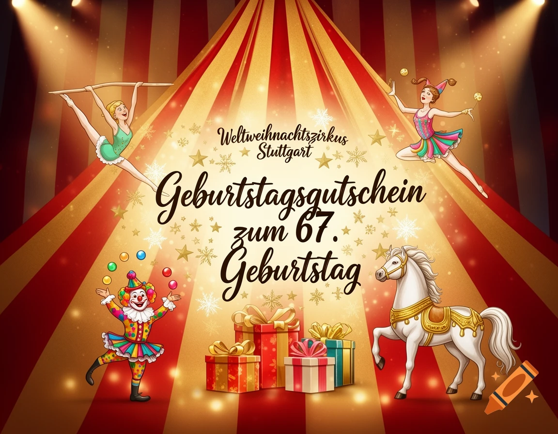 Colorful circus-themed birthday voucher with acrobats, clown, gifts, and carousel horse, wishing a happy 67th birthday from Weltweihnachtszirkus Stuttgart.