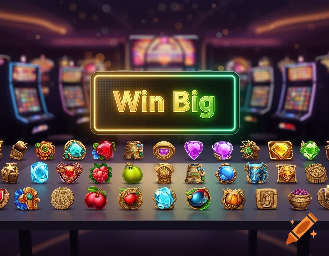 Vibrant slot game icons like gems, fruits, and coins on a table, with a glowing 'Win Big' sign and blurred casino background.