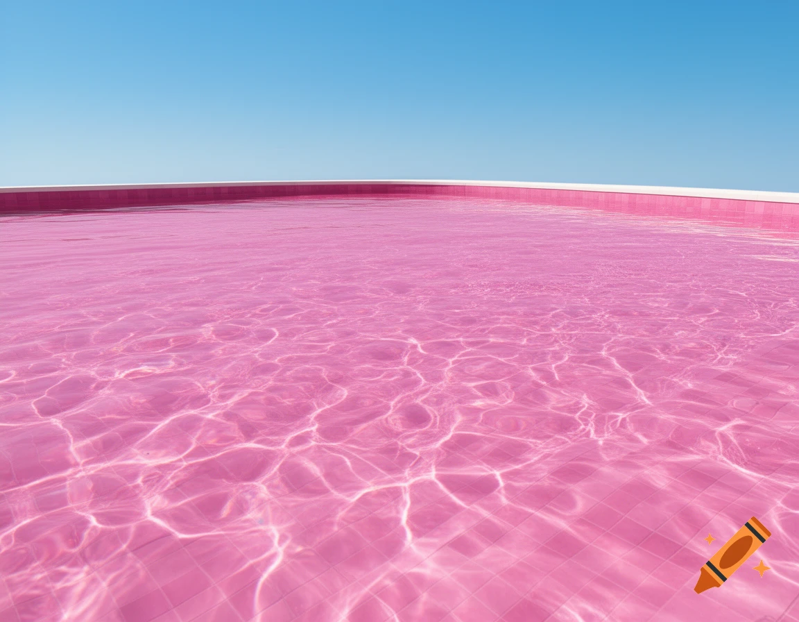 A serene, minimalist outdoor swimming pool filled with vibrant pink water under a clear blue sky, featuring shimmering light reflections.