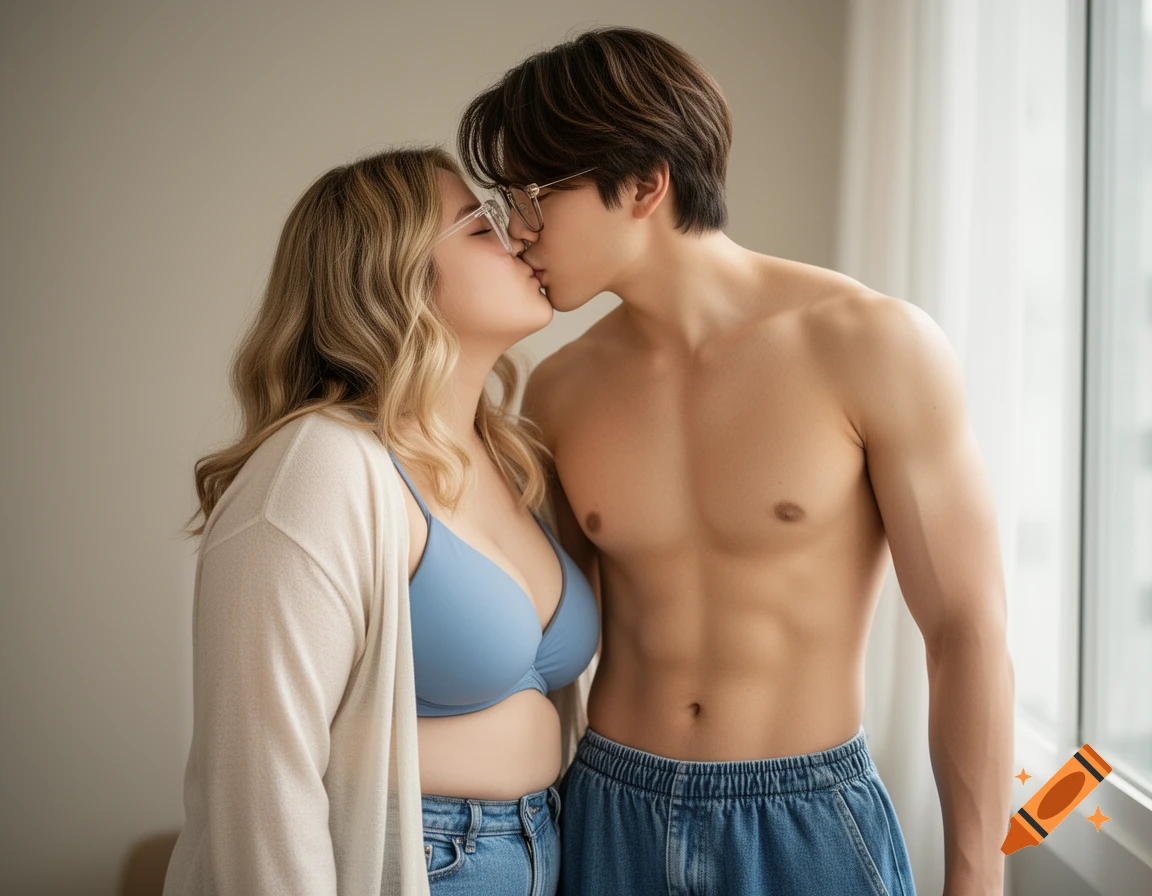 A man and a woman sharing a gentle kiss in a soft, naturally lit indoor setting. The woman wears a blue bra and jeans, the man is shirtless in jeans.