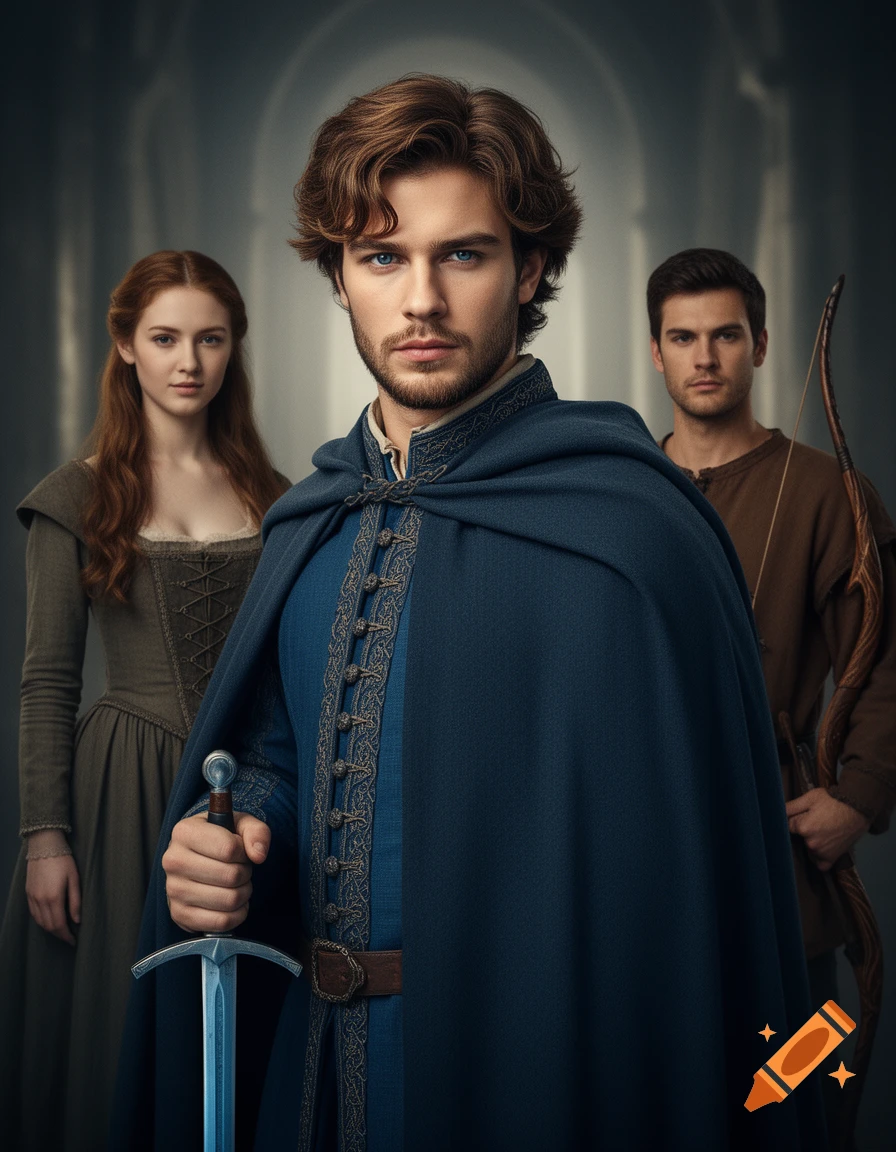 A young man in a blue cape holds a sword, flanked by a woman and an archer, in a cinematic fantasy portrait.