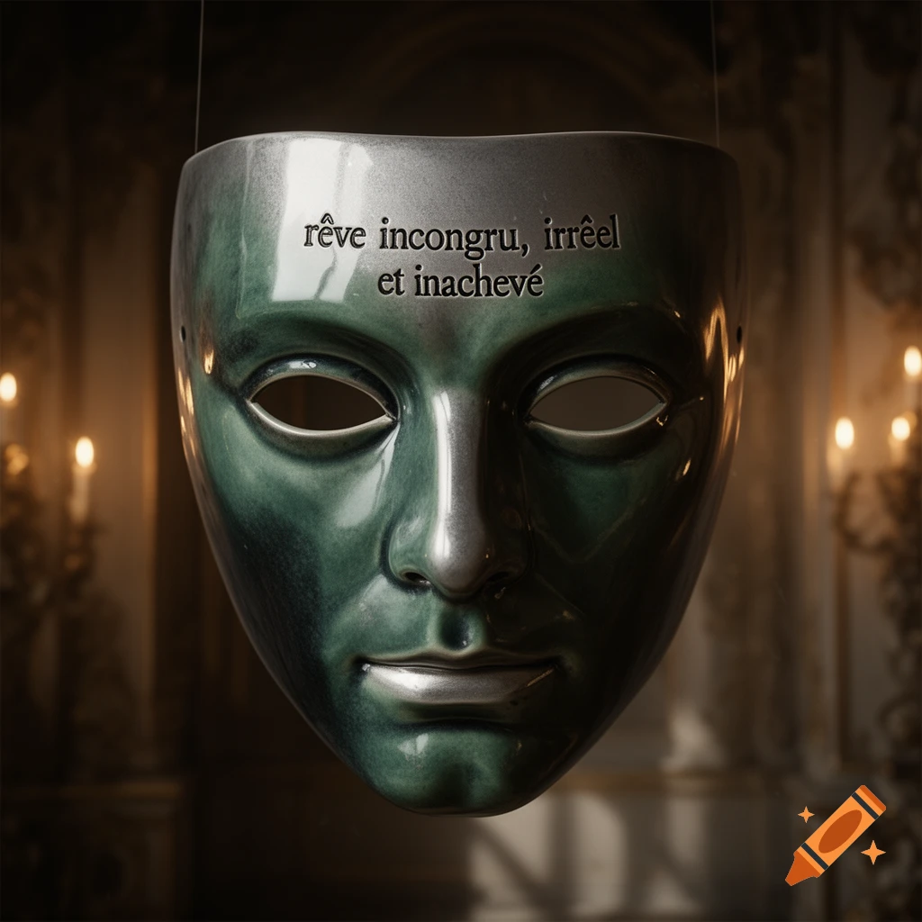 A dark green and silver masculine mask with French text on its forehead, set against a blurry background with candles.