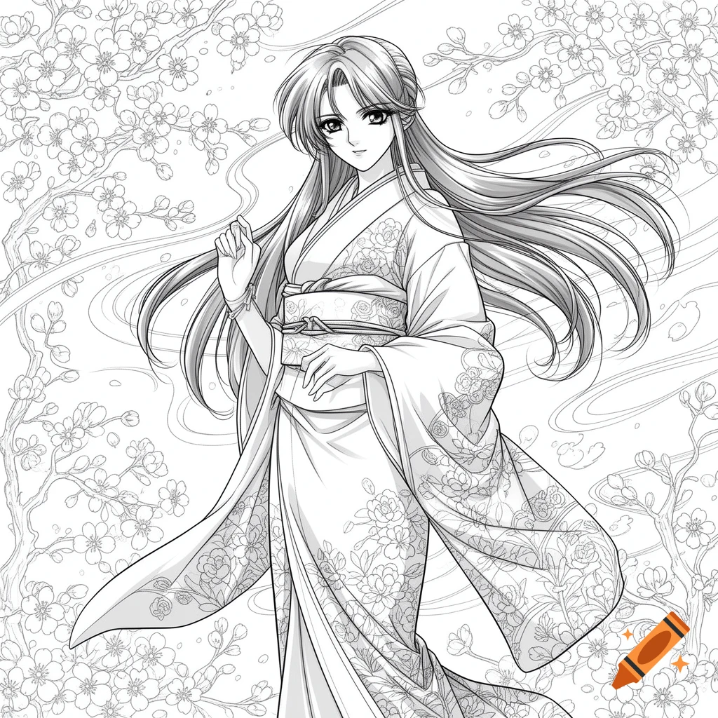 Black and white anime woman in a floral kimono, surrounded by cherry blossoms, in a coloring page style.