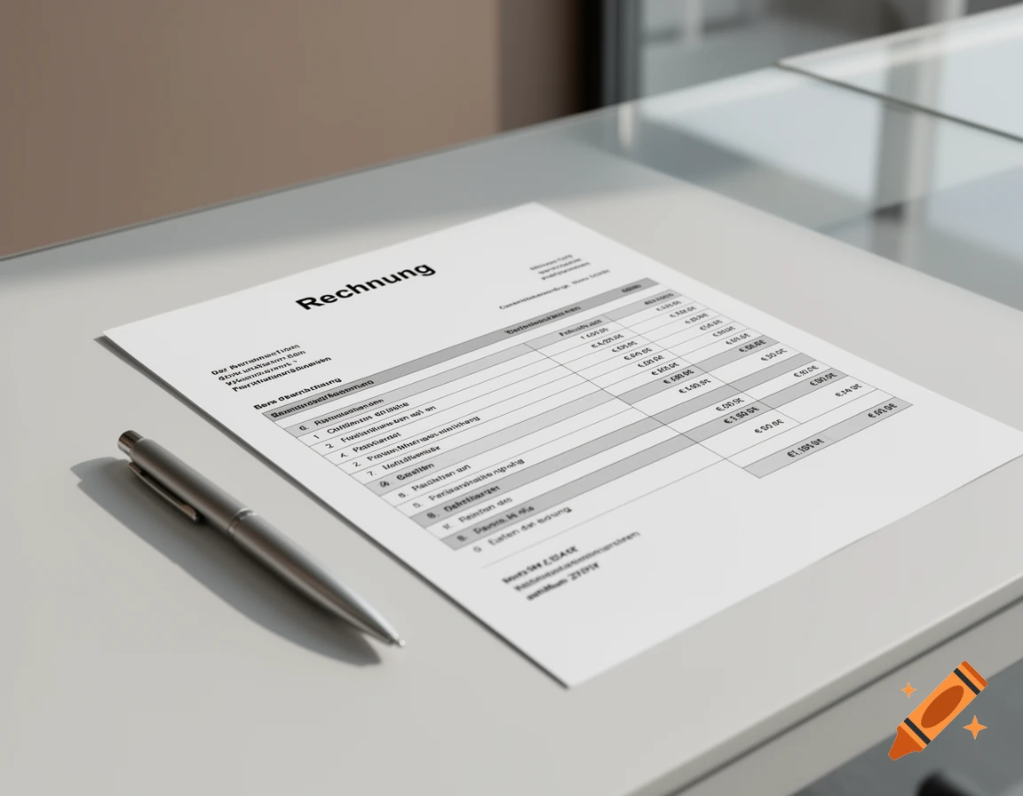 A photorealistic image of a white paper invoice with the word 'Rechnung' at the top, lying on a grey desk next to a silver pen.