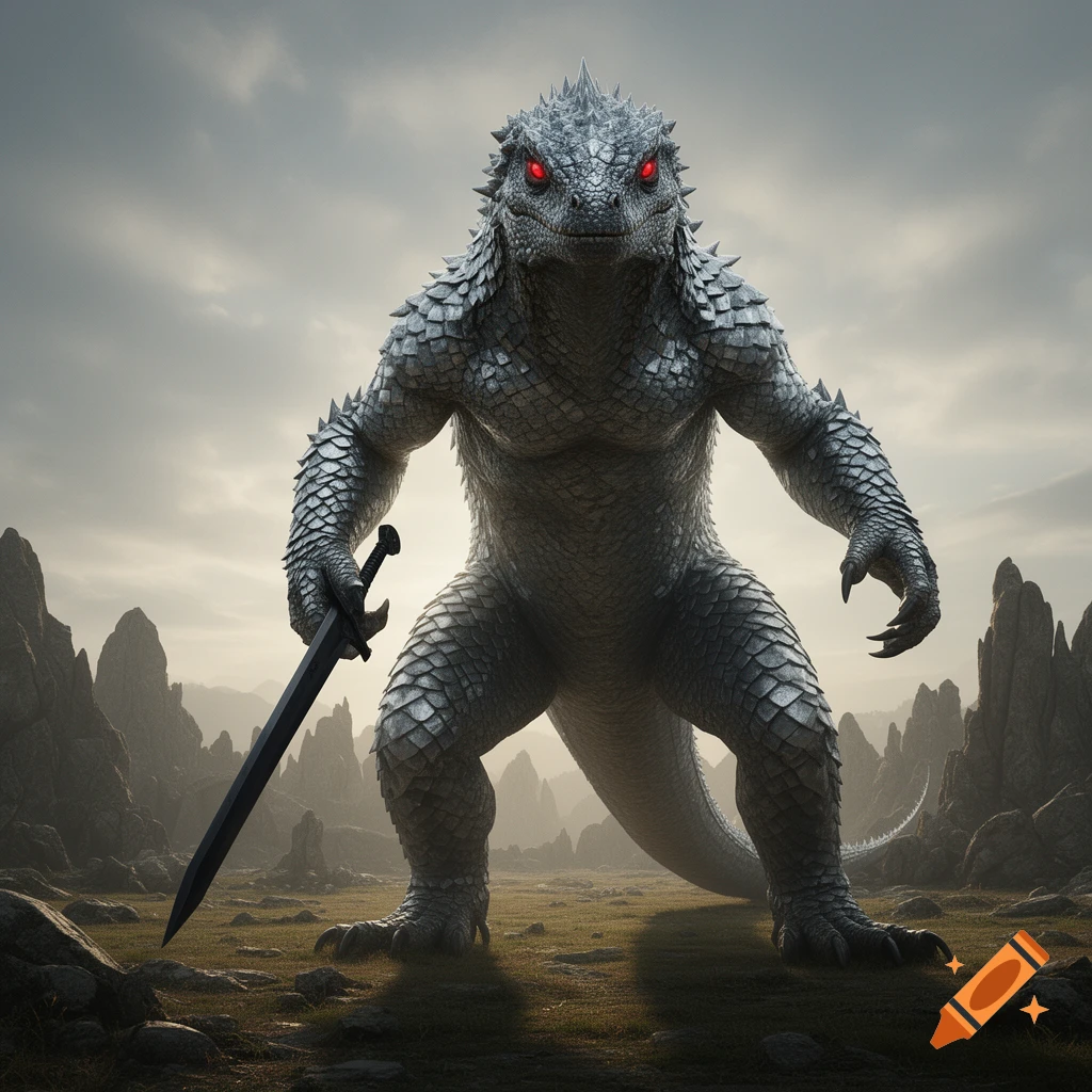 A grey-scaled bipedal lizard creature with glowing red eyes holds a black sword in a rocky, cloudy landscape.