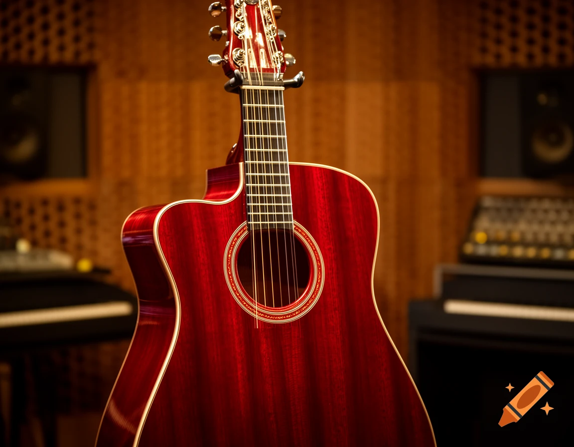 A vibrant red acoustic guitar stands upright in a music studio, with blurred studio equipment in the background.