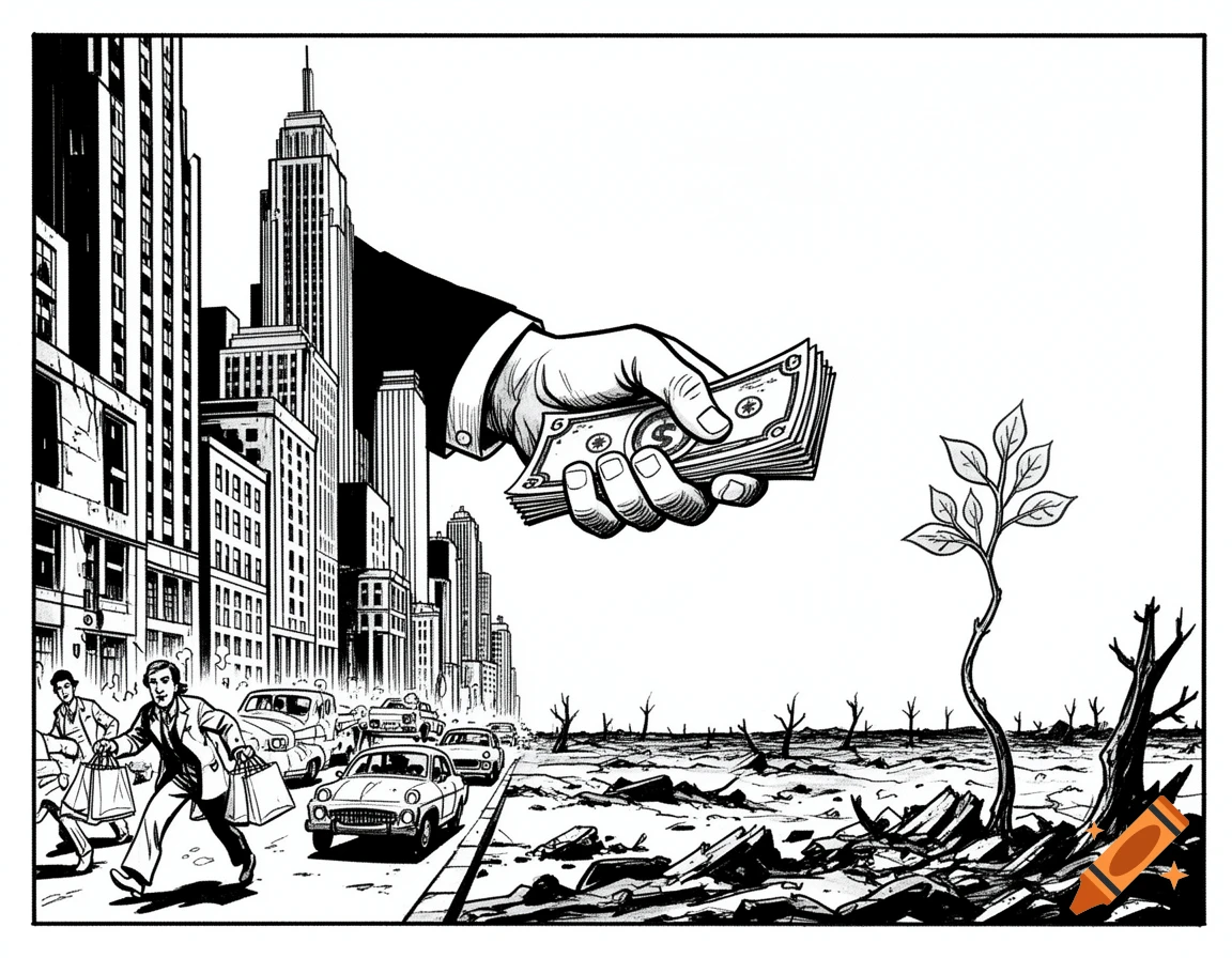 A black and white comic illustration depicting a bustling city with shoppers and cars contrasting with a desolate landscape where a lone plant grows, overseen by a giant hand holding money.