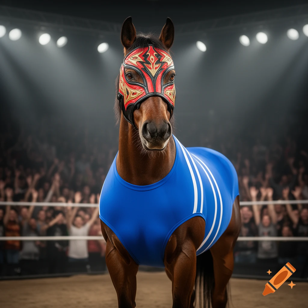 A photorealistic horse in a red and gold lucha libre mask and blue wrestling singlet stands in a ring with a blurred crowd.