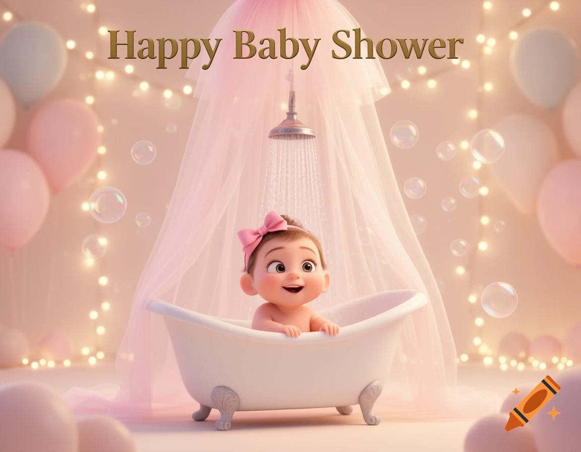 A cute 3D Pixar-style baby girl with a pink bow in a bathtub under a pink canopy, surrounded by bubbles, balloons, and fairy lights. Text: Happy Baby Shower.