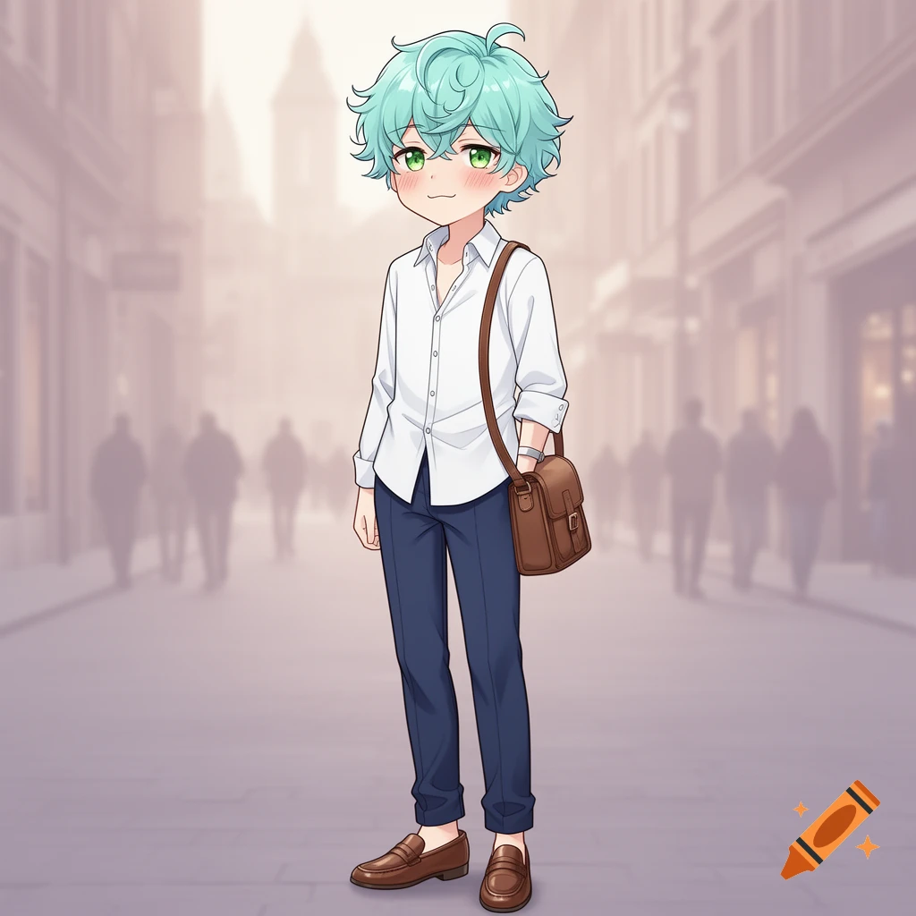 A cute blushing chibi anime boy with teal hair, green eyes, a white shirt, blue pants, and a brown shoulder bag stands on a blurred city street.