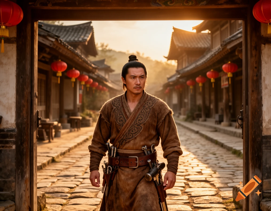 A man in traditional brown robes and a topknot stands under an archway in an ancient Asian village street at sunset. He has a serious expression and a belt with tools.