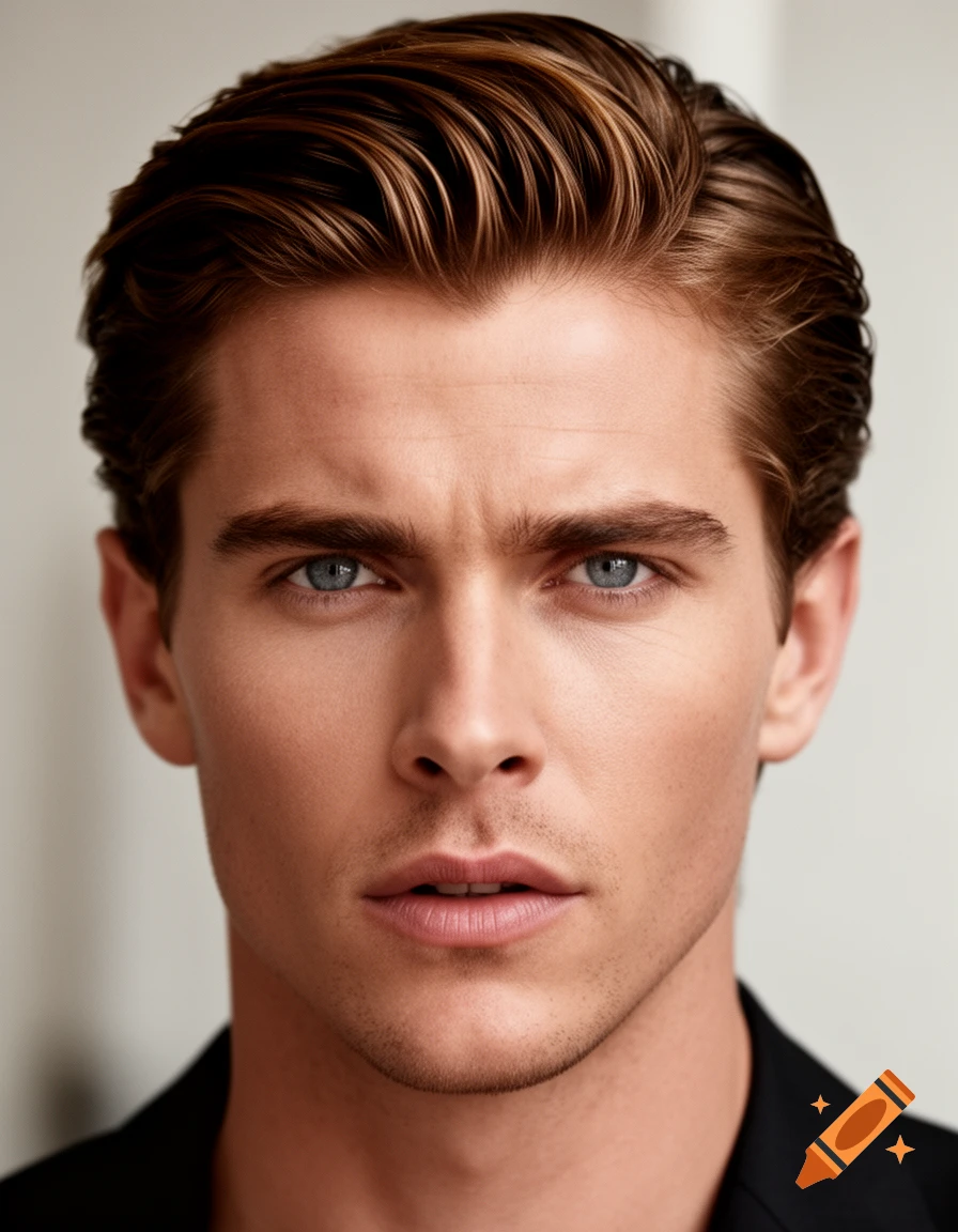 Photorealistic close-up portrait of a man with blue eyes and slicked-back brown hair.