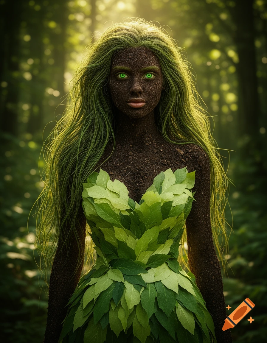 Photorealistic portrait of a woman with soil skin, bright green eyes, and long green grass hair, wearing a leaf dress in a sunlit forest.