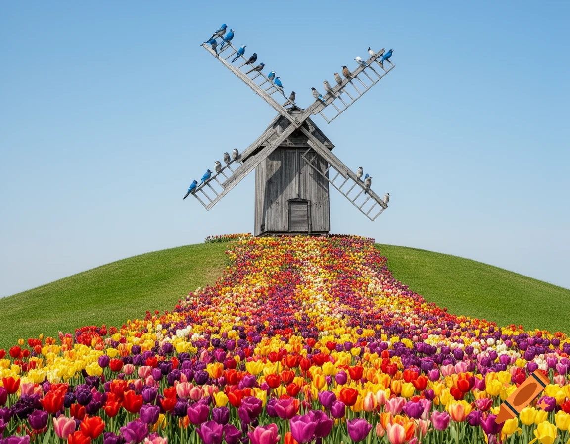 A rustic wooden windmill sits atop a green hill, with a vibrant river of red, yellow, and purple tulips flowing downwards. Blue and brown birds perch on the windmill's blades under a clear blue sky.