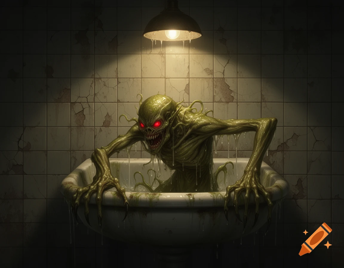 A terrifying, slimy green monster with glowing red eyes and sharp claws emerges from a dirty bathroom sink under a dim, dripping light.
