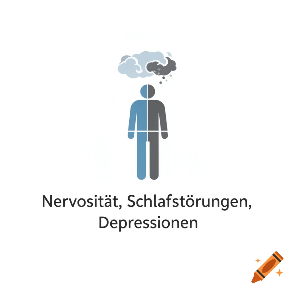 Stylized icon of a person with a dark thought cloud overhead, labeled 'Nervosität, Schlafstörungen, Depressionen' representing mental health issues.