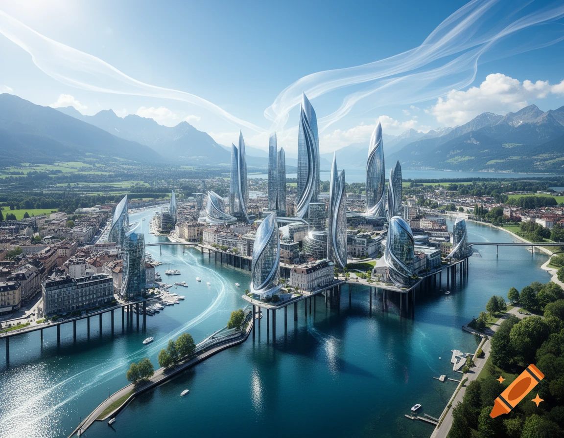 An aerial view of a futuristic city with sleek, tall buildings on stilts over a bright blue river, surrounded by mountains and green land under a clear sky.