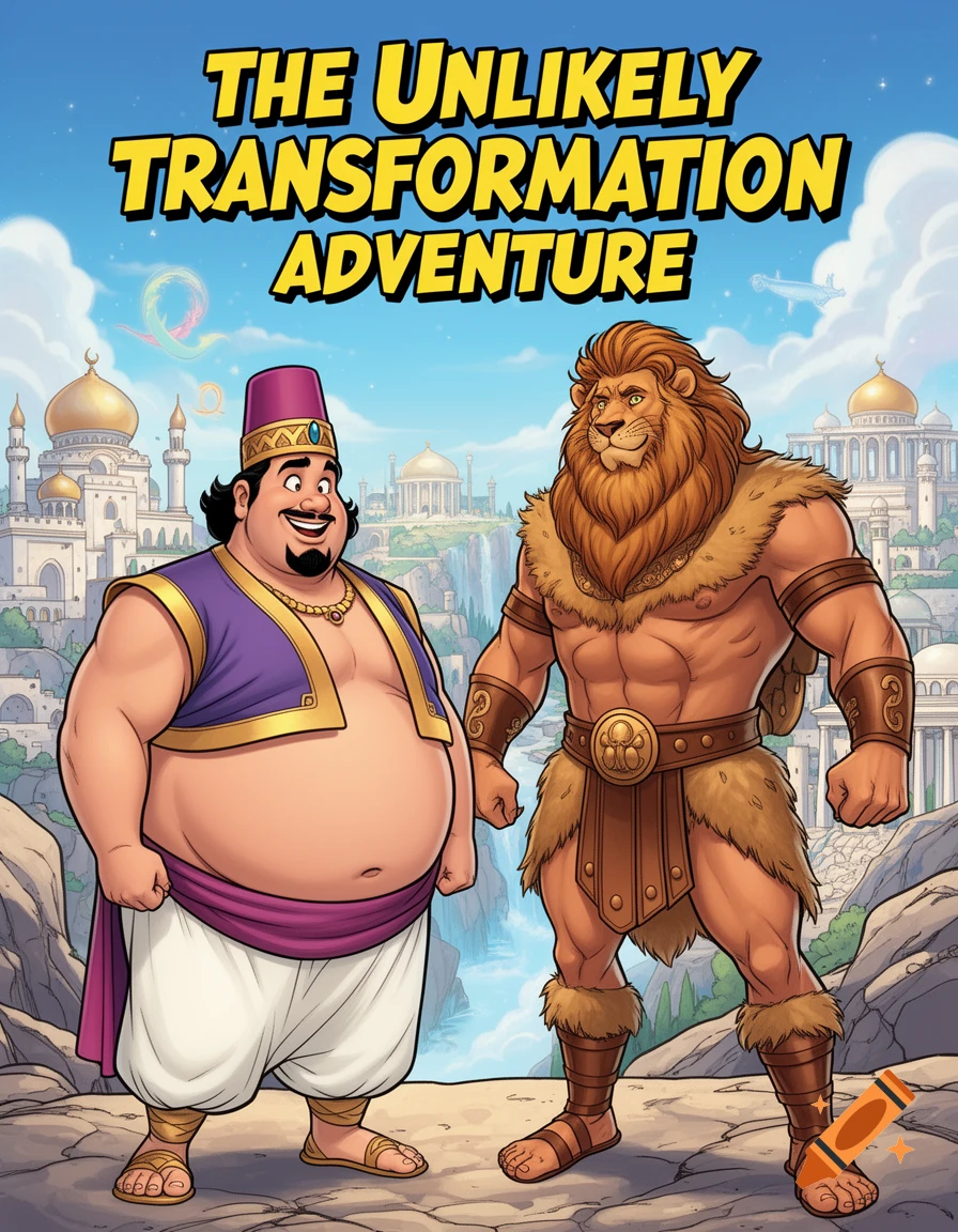 A portly man in Middle Eastern attire stands next to a muscular lion-man against a backdrop of a fantastical city, titled "THE UNLIKELY TRANSFORMATION ADVENTURE".