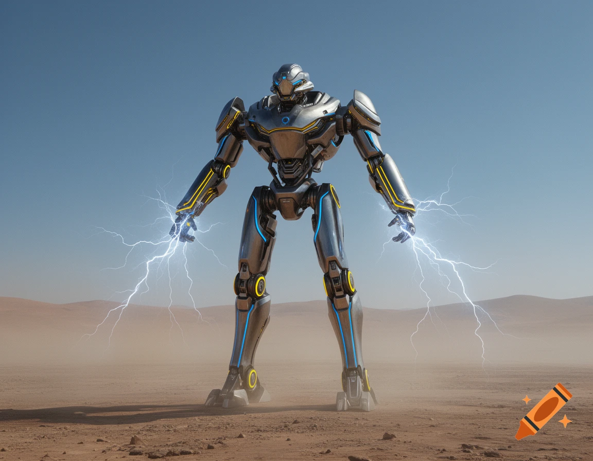 A photorealistic metallic robot with blue and yellow accents stands in a dusty desert, wielding electric powers from its hands.