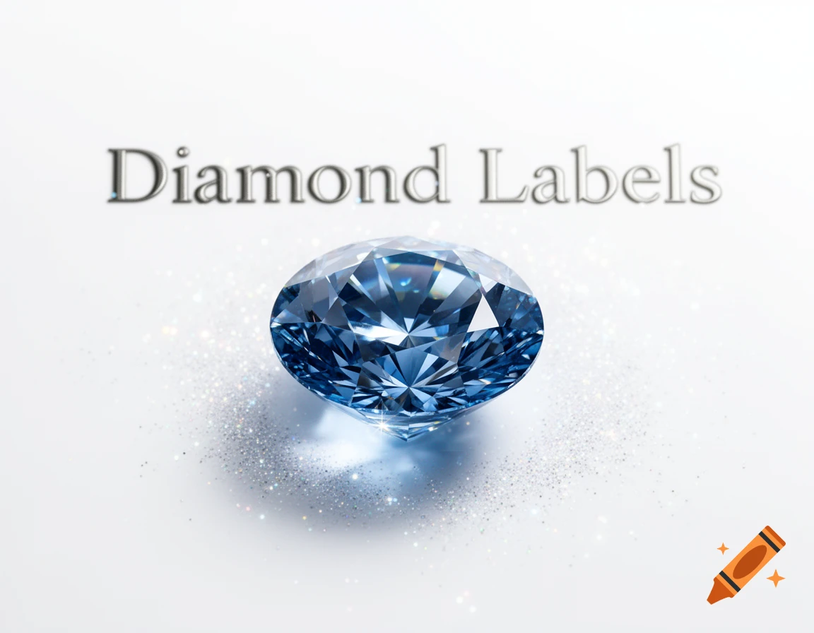 A sparkling blue diamond sits on a white background with glitter, below the words 'Diamond Labels'.