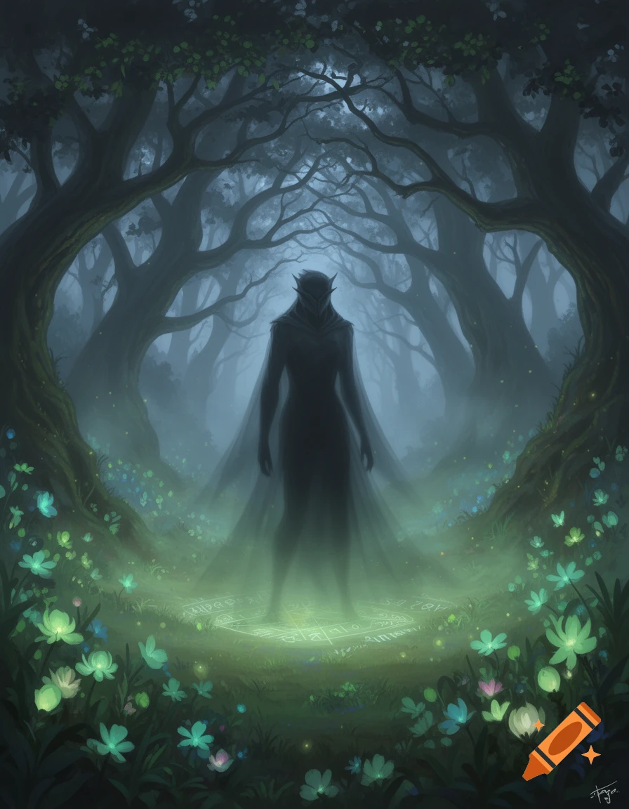 A shadowy, cloaked figure with pointed ears stands in a misty, magical forest at night, surrounded by glowing flowers and a runic circle on the ground.