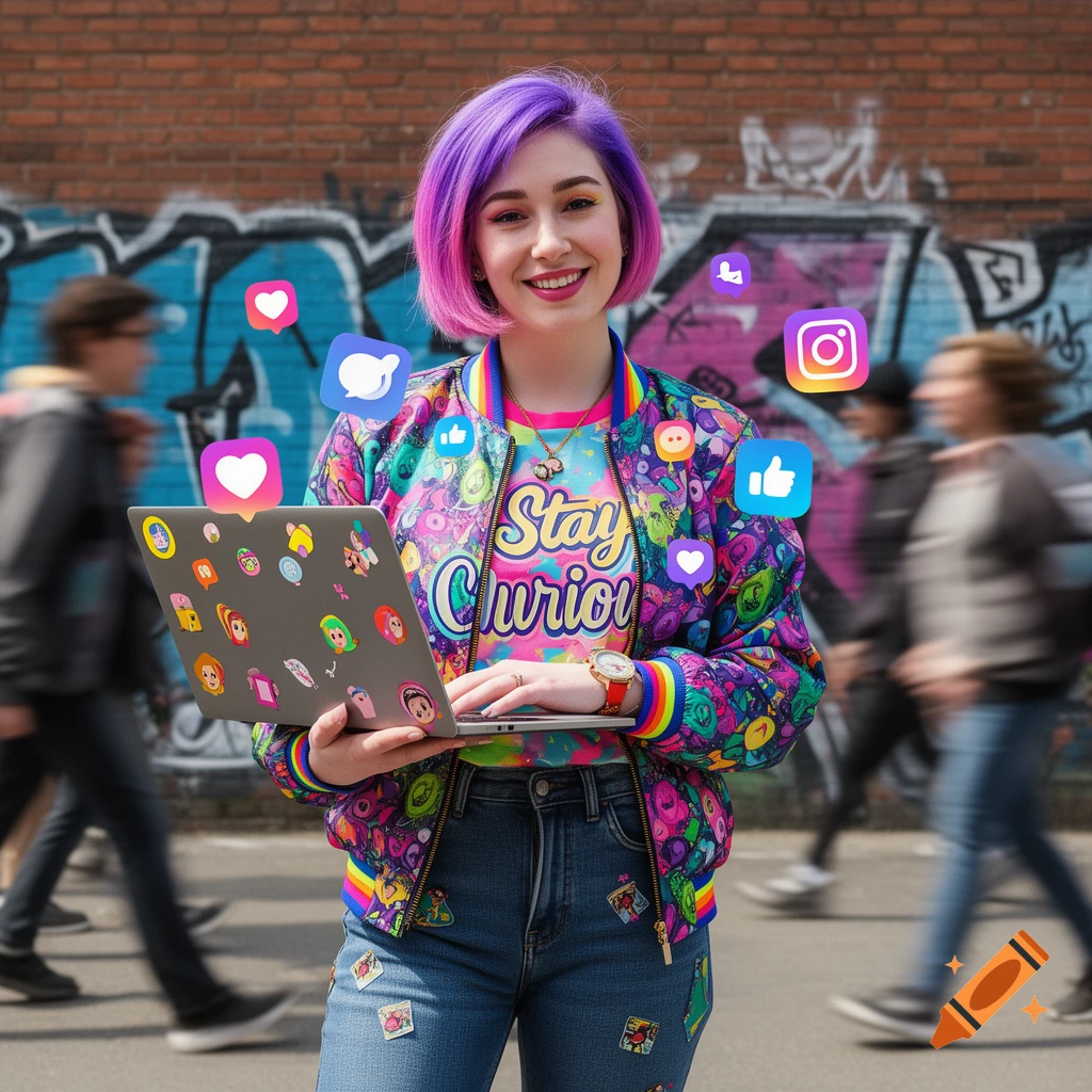 A vibrant young woman with purple hair, in colorful street style, holds a laptop surrounded by social media icons on a city street.