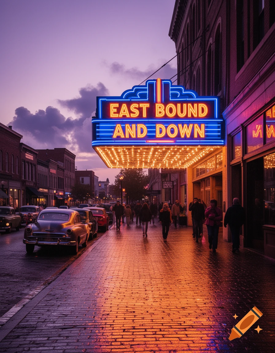 A vibrant photorealistic street scene at dusk with a neon theater marquee "EAST BOUND AND DOWN" illuminating a wet brick road with pedestrians and vintage cars.