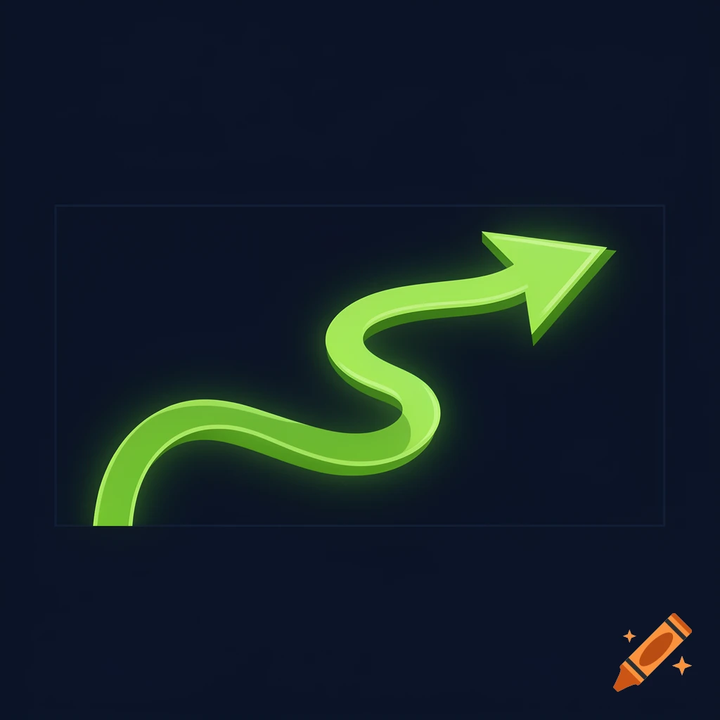A glowing neon green wavy arrow pointing upwards to the right on a dark background.