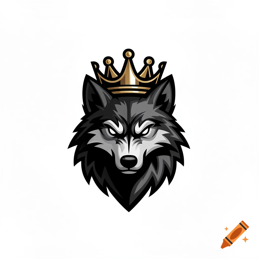 A stylized black and white wolf head with an angry expression, wearing a gold crown, on a white background.