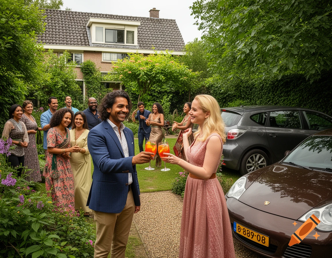 A diverse group of friends and family celebrate a birthday in a lush garden. A man with dark curly hair and a blonde woman in a pink dress toast with Aperol Spritz in the foreground, with guests mingling and cars parked behind them. Photorealistic style.