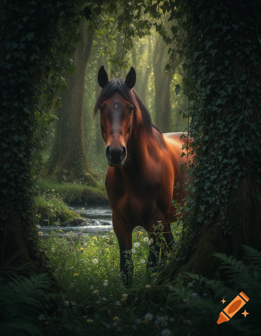 A photorealistic image of a brown horse standing in a sun-dappled forest, framed by ivy-covered trees, with a stream behind it.