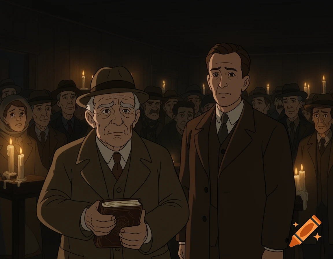 An old man holding a book and a younger man stand in front of a crowd of worried people in a dimly lit hall, animation style.