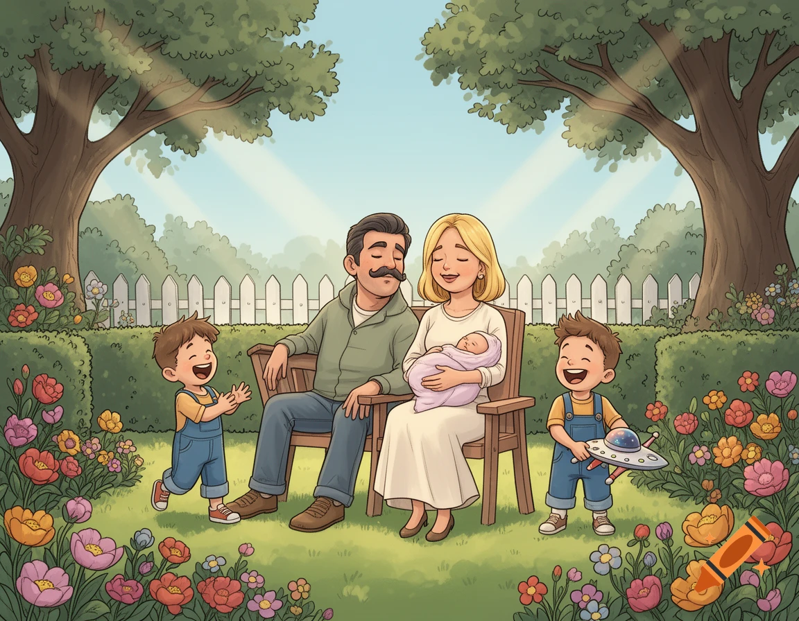 A cartoon family, including a father with a mustache, a mother, a baby, and two young boys, in a sunny garden filled with colorful flowers.