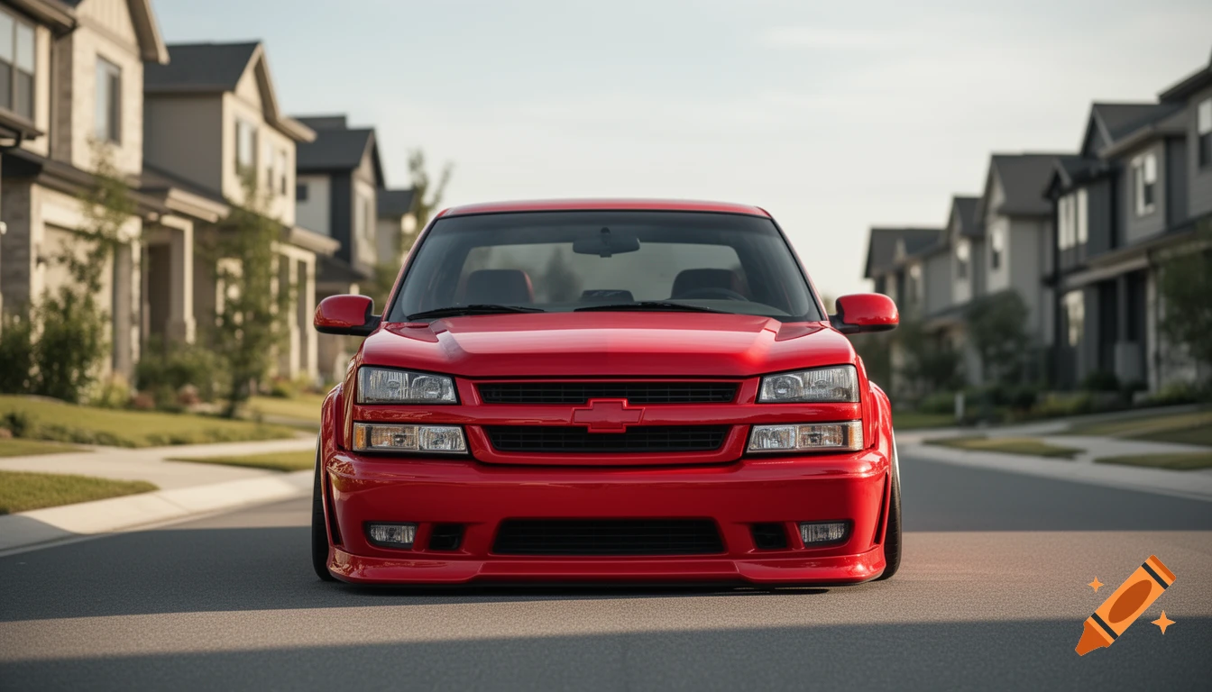 A front view of a red lowered Chevrolet "cateye" pickup truck parked on a suburban street in front of modern houses.